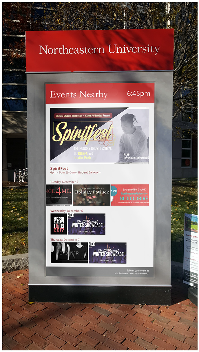 Digital outdoor screen showing events on Northeastern's campus
