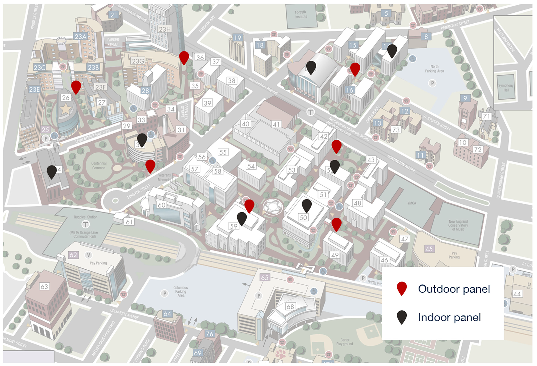 Map of northeastern's campus with outdoor and indoor screens marked on map.