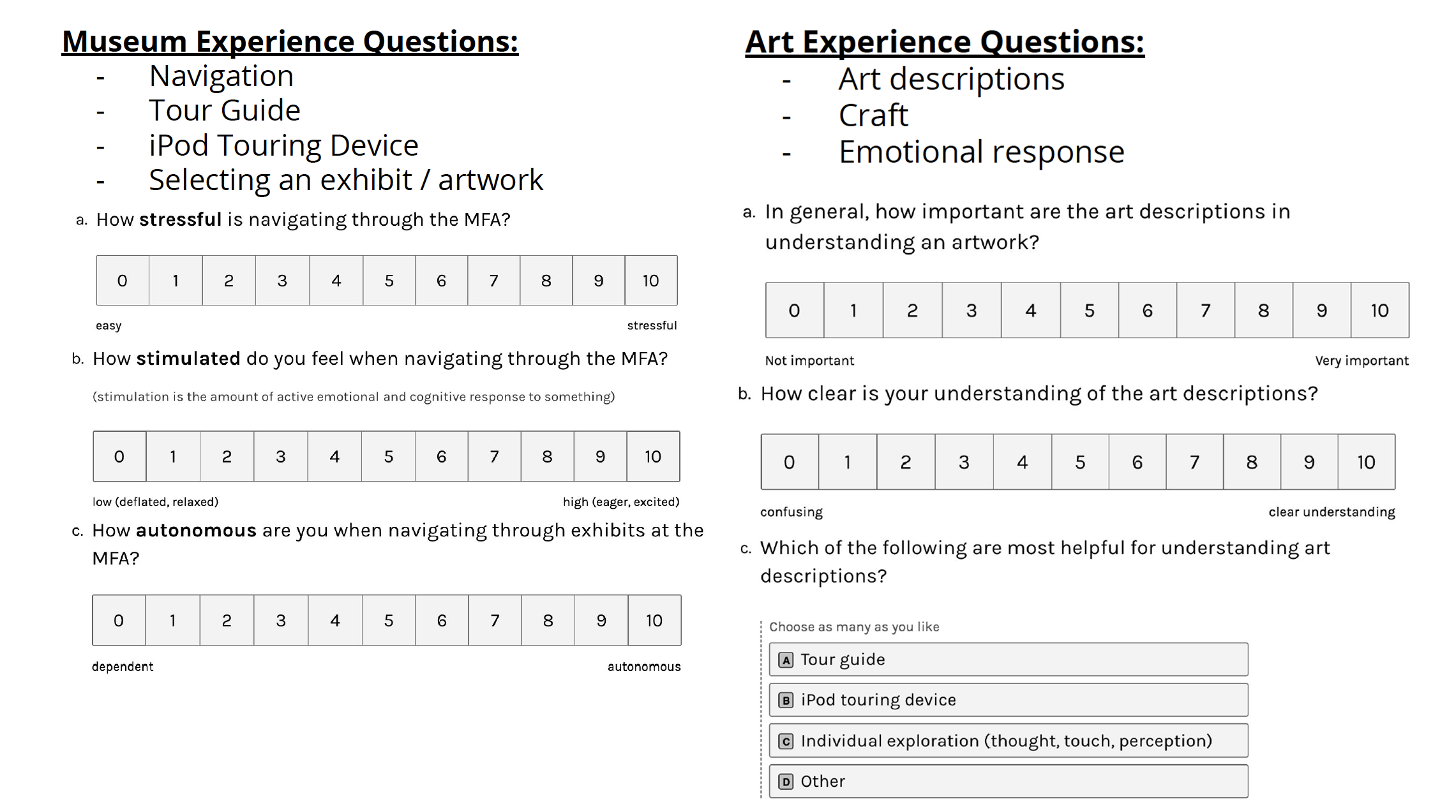 Screenshots of survey sent out to learn more about MFA visitors.