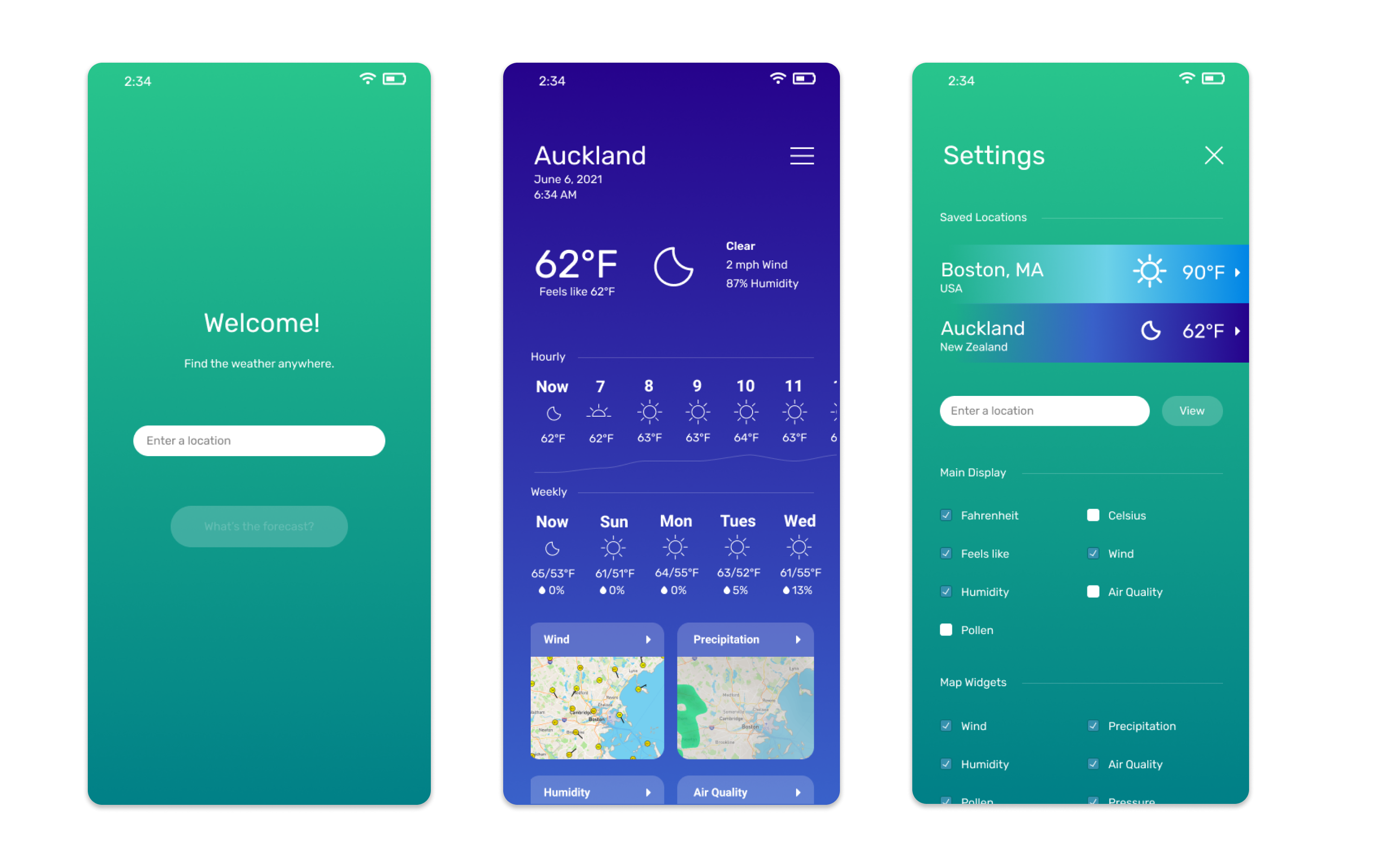 Three screenshots of the app prototype